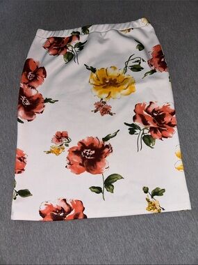 White Floral Pencil Skirt with Red and Yellow Blooms